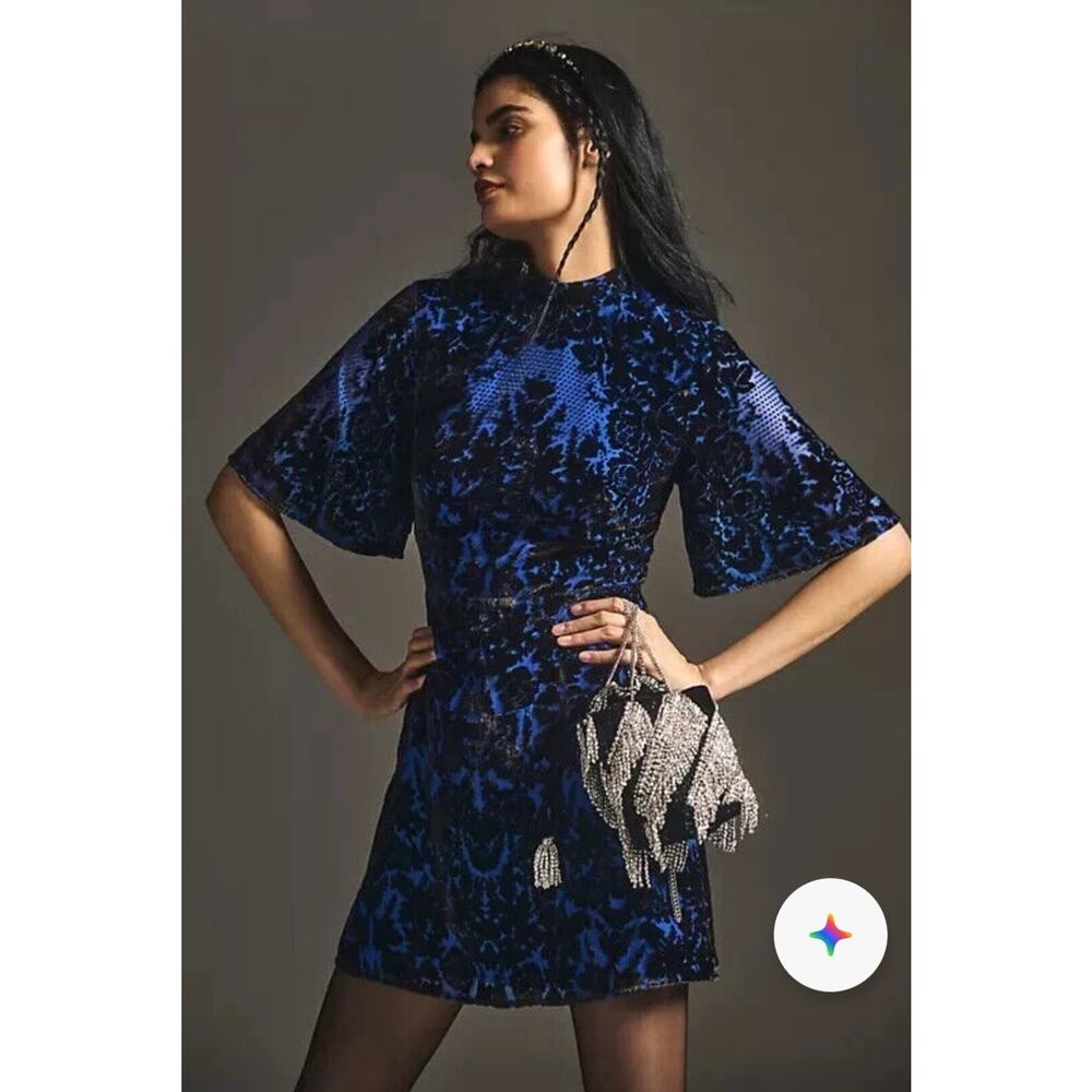 Anthropologie Womens Black Navy Blue Burnout Mock Neck Mini Dress US 6